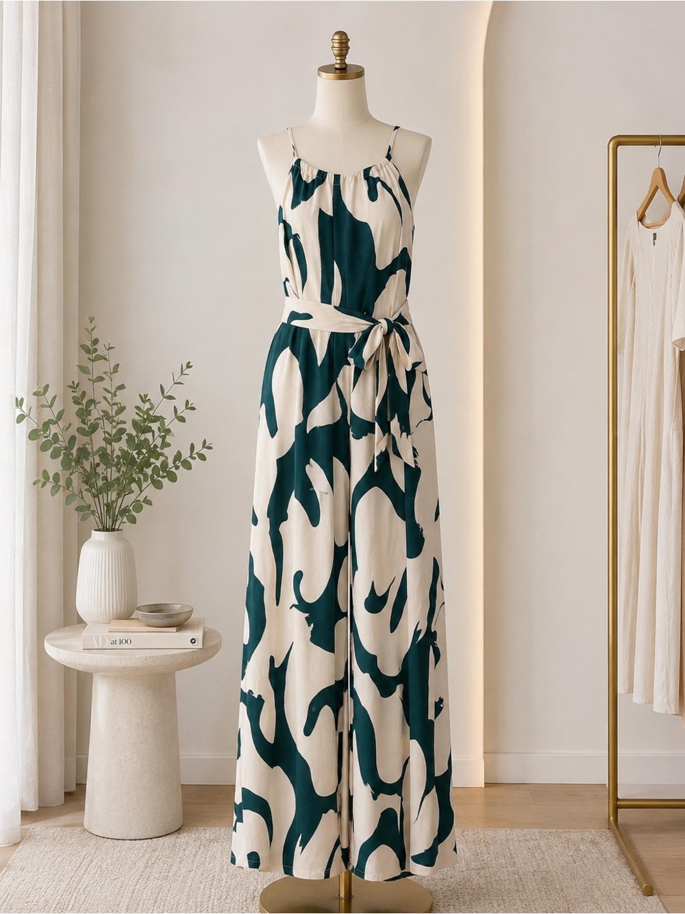 Cream & Teal Abstract Print Sleeveless Tie-Waist Maxi Palazo